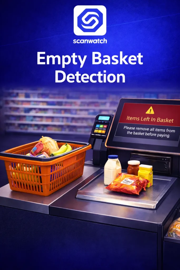 Self-checkout screen showing an empty basket alert when unscanned items remain in the shopping basket
