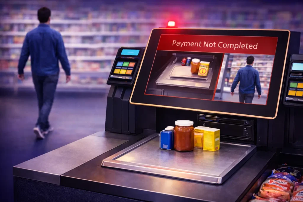 Self-checkout screen showing a non-payment alert while unpaid items remain on the checkout scale
