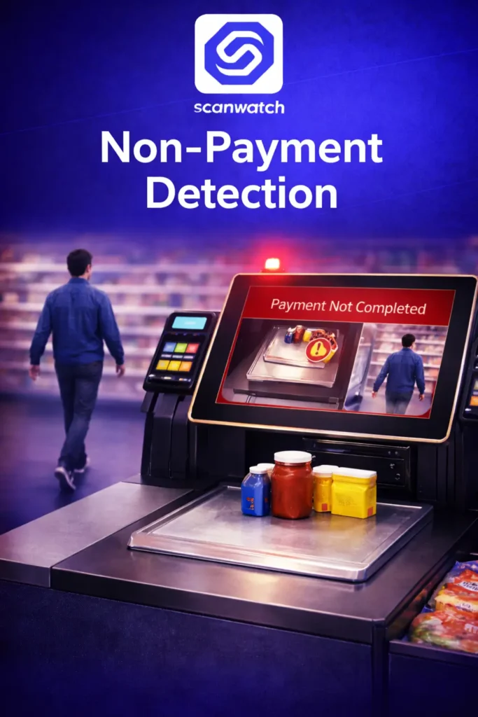 Self-checkout station detecting non-payment when a customer leaves without completing payment

